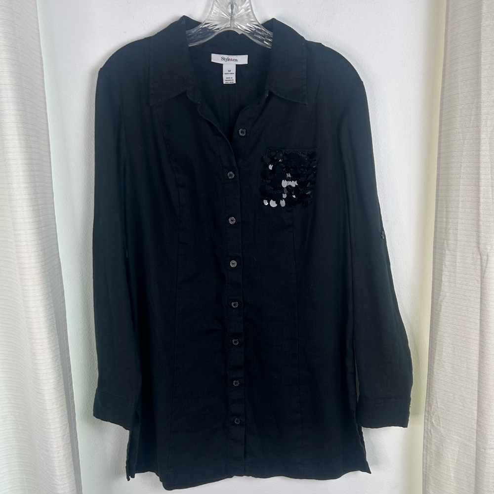 Style & Co Black Linen Button Up Long Sleeve Shirt Sequin Pocket Top Size 12